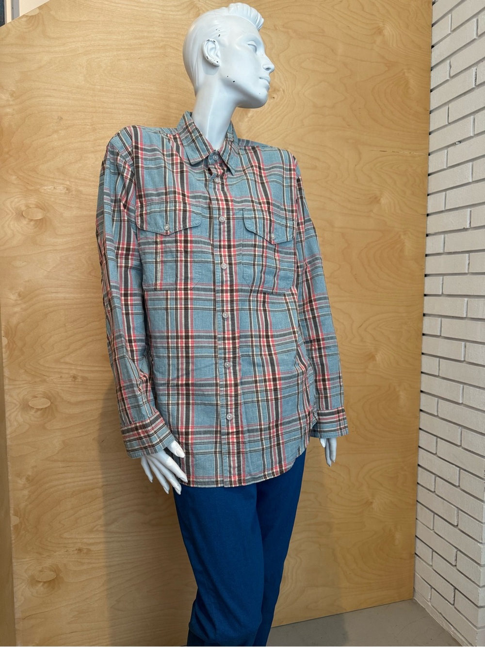 Filson Plaid Button-Down Shirt in Light Blue, Coral and Black